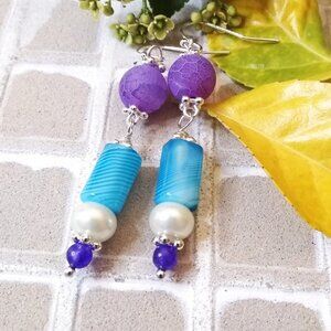 Upscale Pearls + Gemstone Beaded Dangle Summer Earrings! Colorful! Spunky! Boho!